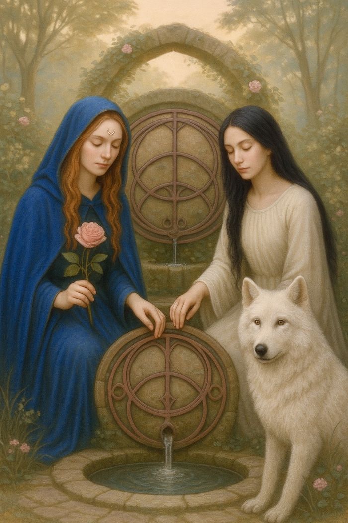 Duas mulheres junto a uma fonte, com uma loba branca