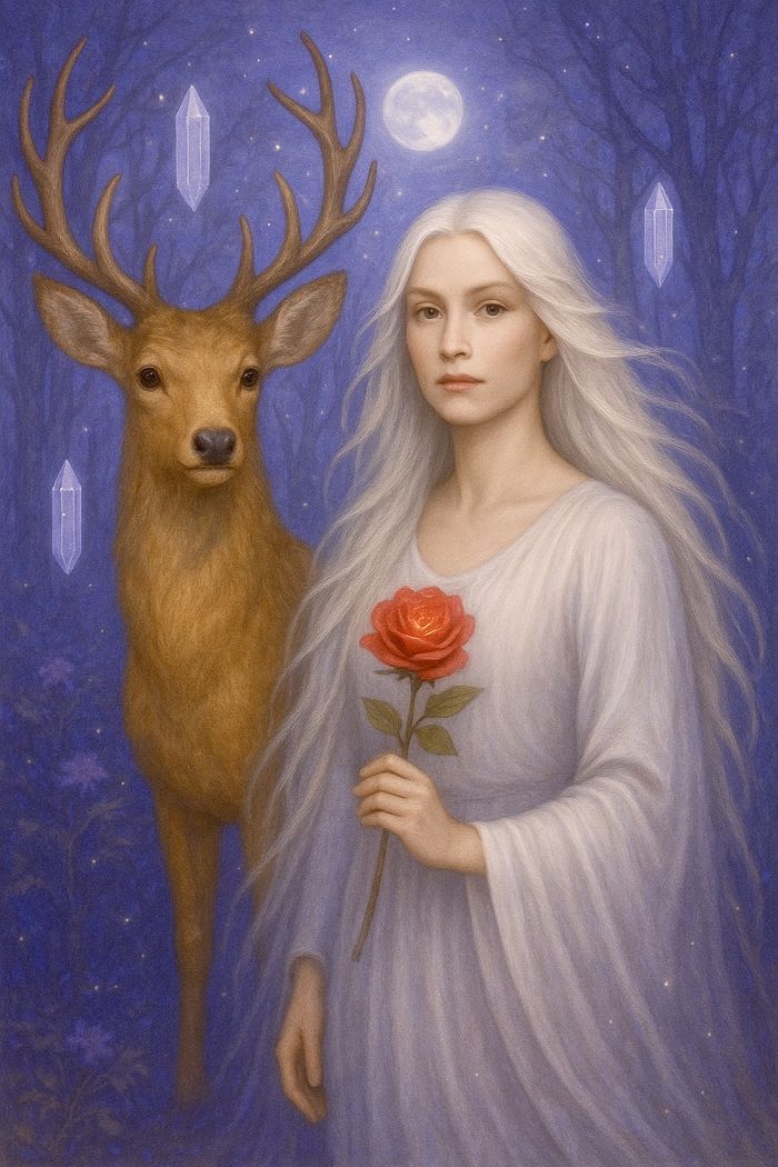 Mulher de branco com uma rosa vermelha e um veado