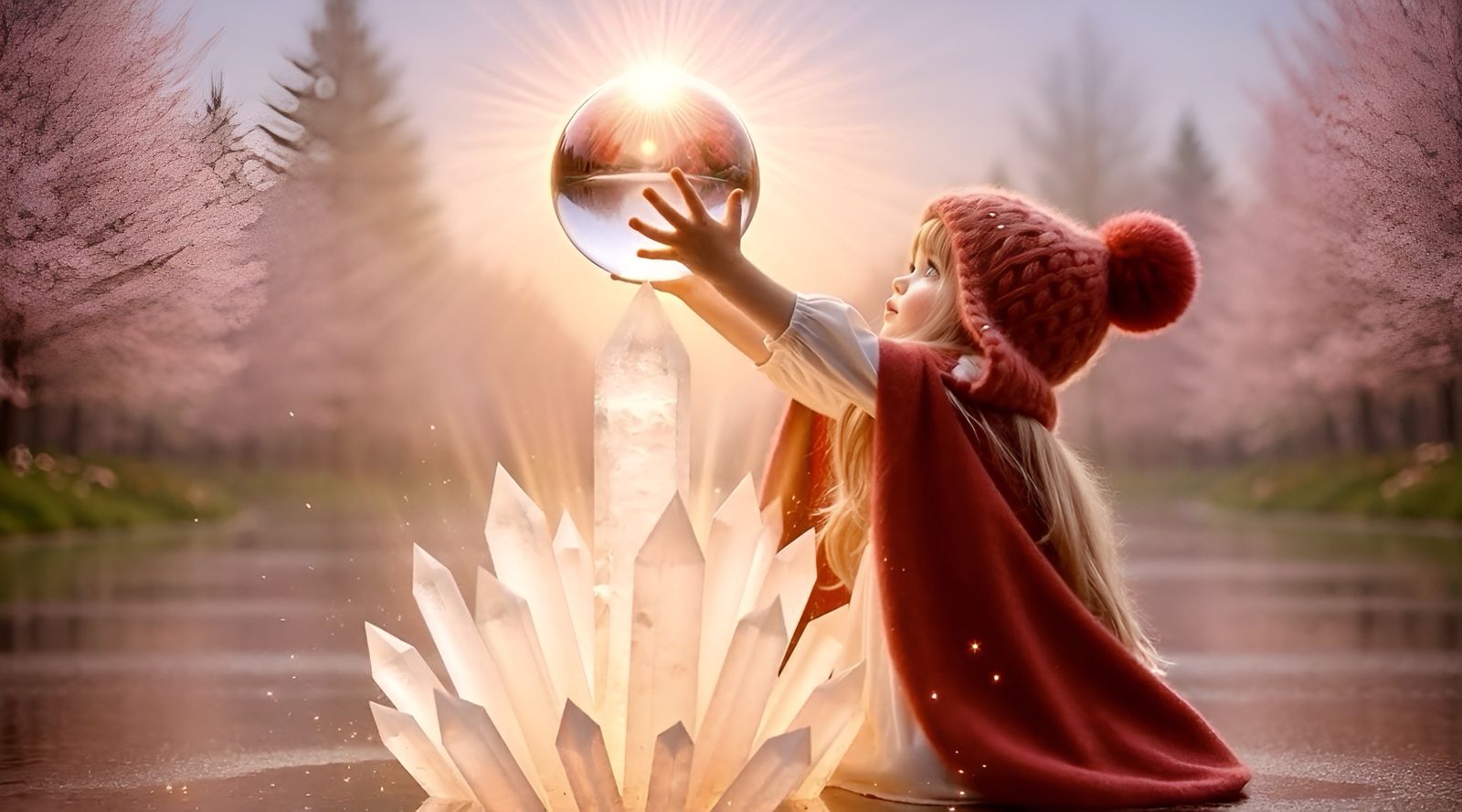 A Sïan estende a mão para uma esfera de luz pousada num cristal