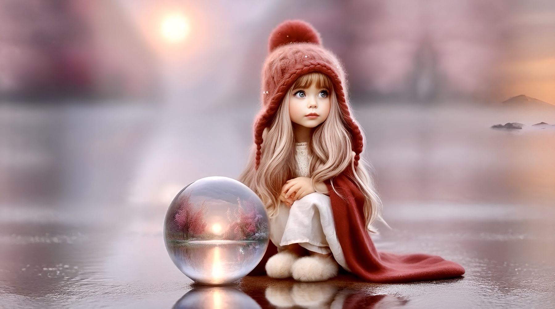 A Sïan, com o seu gorro vermelho e a capa bordeaux, sentada junto a uma esfera de cristal