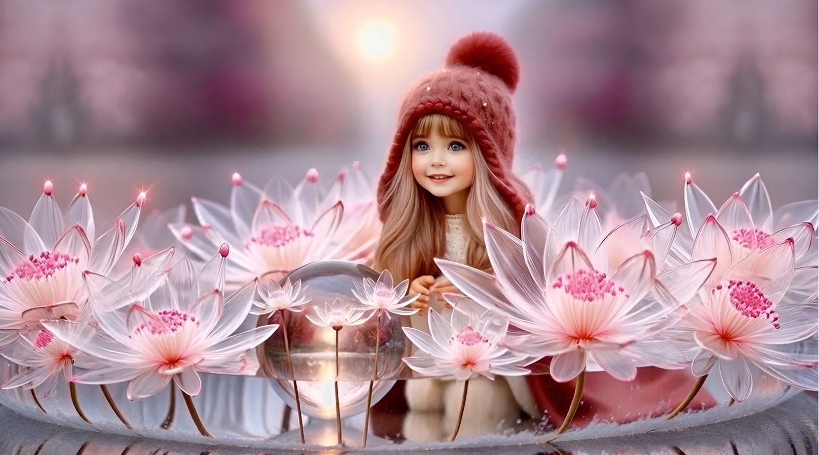 A Sïan sorri entre flores de cristal cor-de-rosa