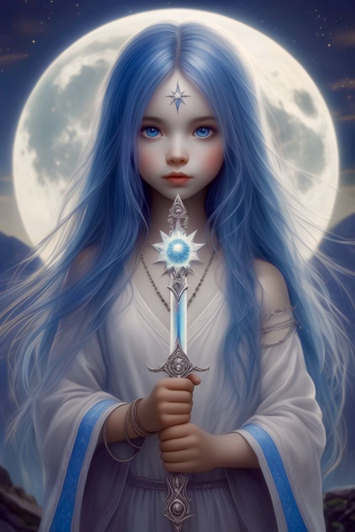 Menina de cabelo azul diante da lua cheia