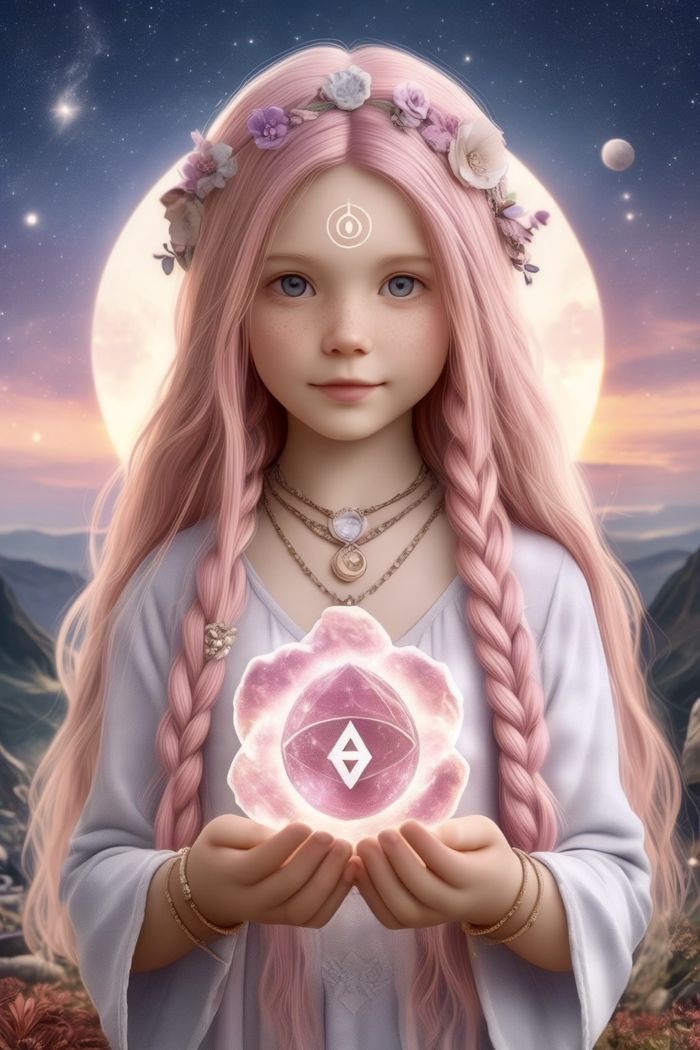 Menina de cabelo rosa com um cristal luminoso nas mãos