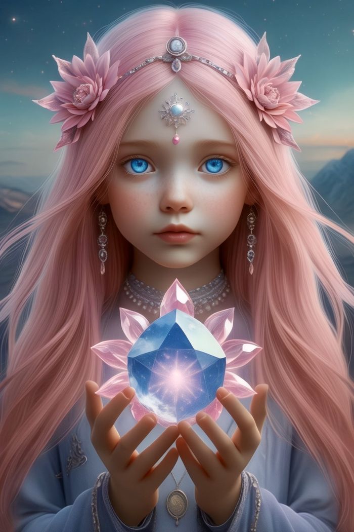 Menina de cabelo rosa com um cristal azul em forma de flor