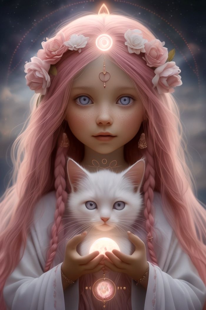Menina de cabelo rosa com um gatinho branco