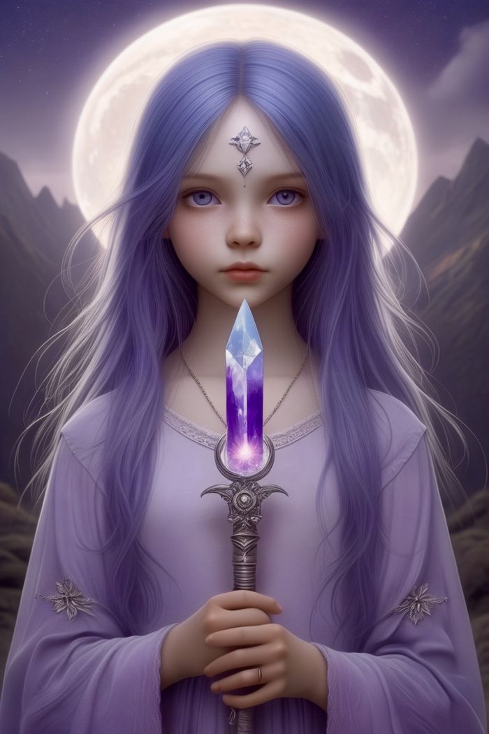 Menina de cabelo lilás com um bastão de cristal violeta
