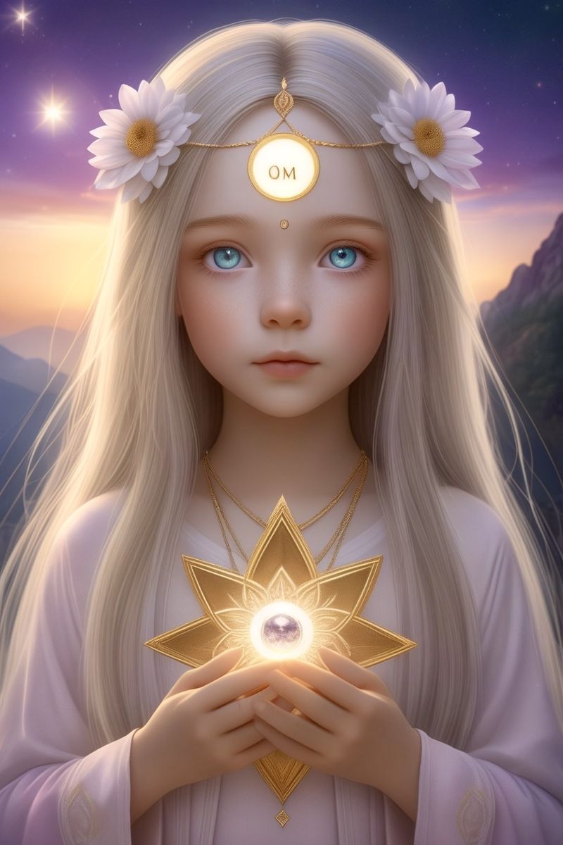 Menina de cabelo claro com uma flor dourada luminosa nas mãos