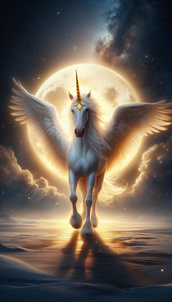 Unicórnio alado diante da lua cheia