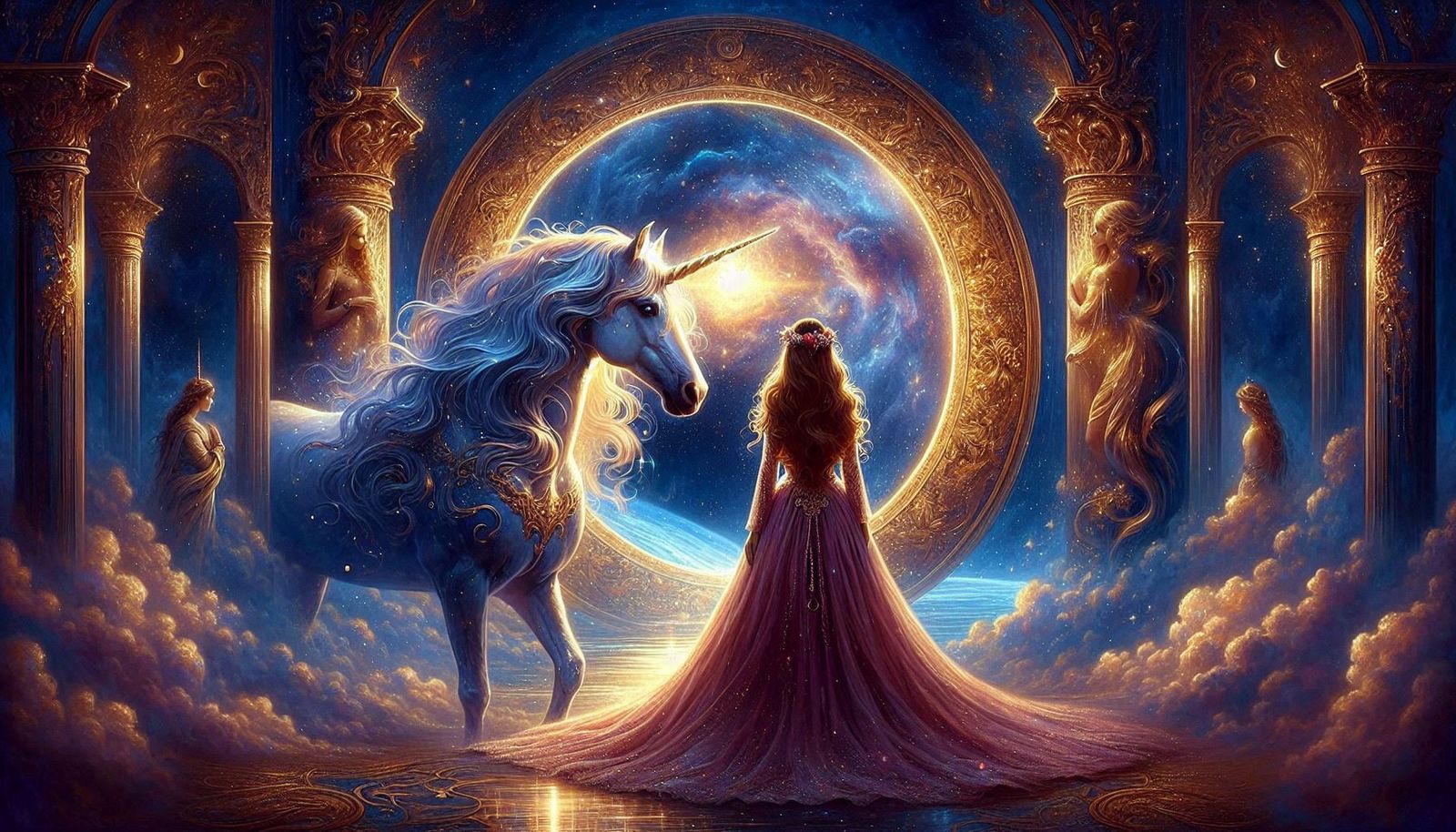 Uma mulher de vestido rosa e um unicórnio diante de um portal de luz